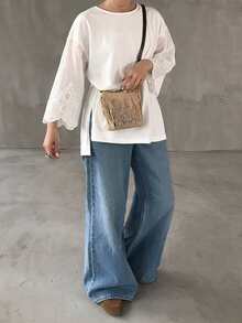 Dazy Plus Solid Color Contrast Lace Bell Sleeve Hem Slit Front Short Back Long Design Spring Summer Autumn White T-Shirt - White - View 6