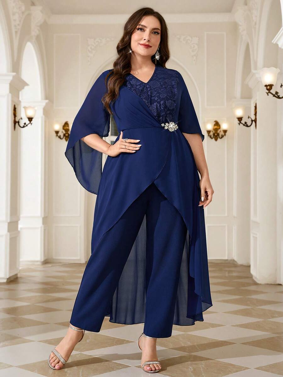 Reflora New Plus Size Women's Fashion Elegant Casual Party Formal Lace Patchwork Wrap Waist Jumpsuit Autumn Navy Blue Wedding - Blue - View 1