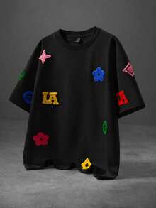 Manfinity Roghcode Men's Letter Print Crew Neck Casual Versatile Daily Wear T-Shirt - Black - View 1