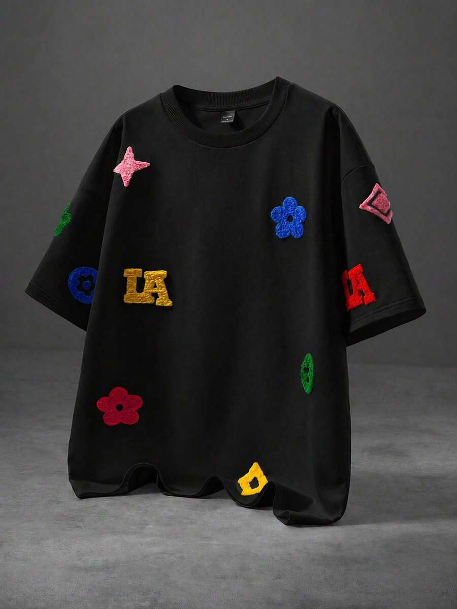 Manfinity Roghcode Men's Letter Print Crew Neck Casual Versatile Daily Wear T-Shirt - Black - View 1
