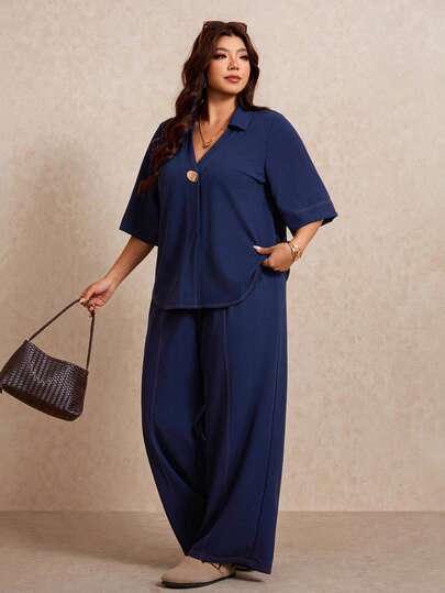 Elaquor Plus Size Summer Casual Shirt And Pants 2 Pieces Set