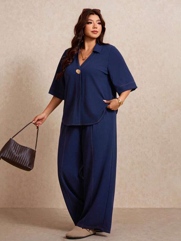 Elaquor Plus Size Summer Casual Shirt And Pants 2 Pieces Set