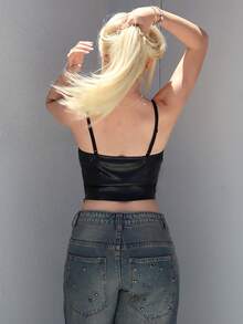 Goth ROMWE X Capri Everitt Sexy Dark PUNK Rivet Patchwork Women PU Cami Top - Black - View 2