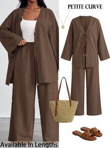 SHEIN PETITE CURVE 大尺碼女款純色長袖開襟衫與長褲休閒日常兩件套 度假辦公巧克力棕色 夏秋款 - 咖啡棕 - 查看 7