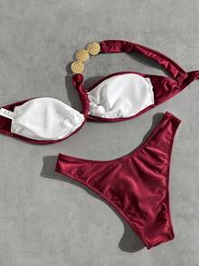 Bonvoyette Solid Color Elegant Women's Bikini Set, Metal Trim Decor, Ruched Design, Suitable For Vacation Wear - Brown - View 2