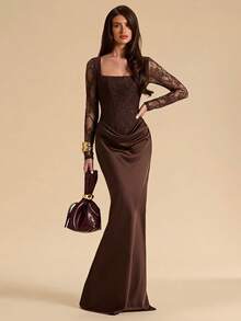 SHEIN BAE Brown Lace Halter Neck High Slit Dress, Suitable For Cocktail Party, Romantic Date, Party, Wedding Bridesmaid Dress, Evening Out Dress - Brown - View 4