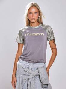MUSERA Camo Graphic Printed Raglan Sleeve Jersey Fitted Crewneck Tee Cute Back To School Daily Holiday Casual Varsity - Grey - View 1