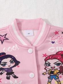 SHEIN 女童春秋粉色與白色拼色棒球夾克，卡通女孩星星與字母印花，羅紋立領，單排扣短版夾克，長袖，學院風，適合學校、外出、休閒穿著 - 粉色 - 查看 3