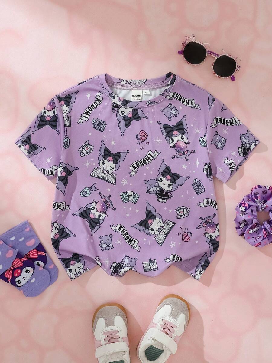 HELLO KITTY AND FRIENDS | SHEIN 少女夏季休閒全幅卡通印花T恤 - 淡紫色 - 查看 1