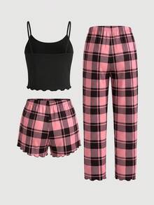 SHEIN MOD 3 件套：字母印花格子吊带背心短裤和长裤 - 彩色 - 查看 3