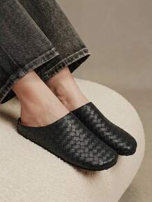 Solecia Retro Checkered Woven, Cork Insole Foot Cover Without Heel, Casual Sandals Bottom Closed Toe Half - Black - View 2
