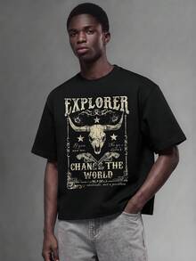 Salvezio American Vintage Western Cowboy Poster Fashion Print Pattern Men's Black Standard Size Drop Shoulder Short Sleeve T-Shirt - Black - View 1
