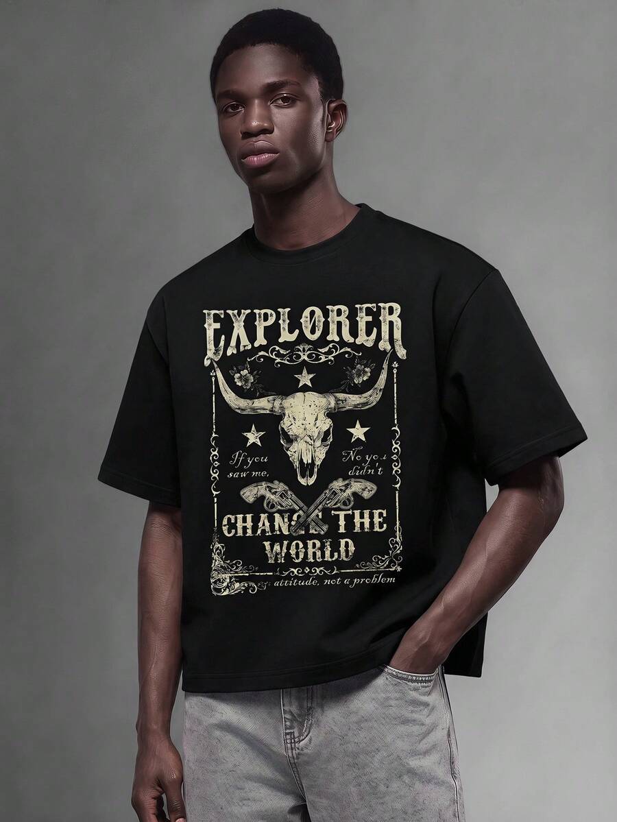 Salvezio American Vintage Western Cowboy Poster Fashion Print Pattern Men's Black Standard Size Drop Shoulder Short Sleeve T-Shirt - Black - View 1