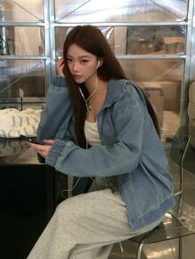 DAZY 女款時尚街頭風拉鍊長袖連帽牛仔外套可愛上衣 - 黑色 - 查看 7