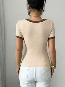 Elenzga Women's Colorblock Round Neck Short Sleeve Casual Ribbed T-Shirt - Apricot - View 5