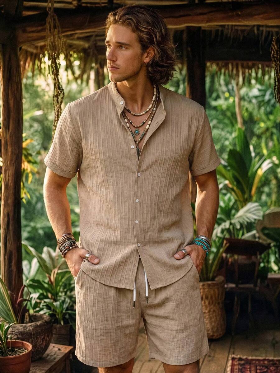 Genlund Men's Plus Size Textured Single-Breasted Short Sleeve Shirt And Pocket Drawstring Waist Beach Shorts Set Holiday / Vacation / Beach / Hawaii / Tropica - Khaki - View 1