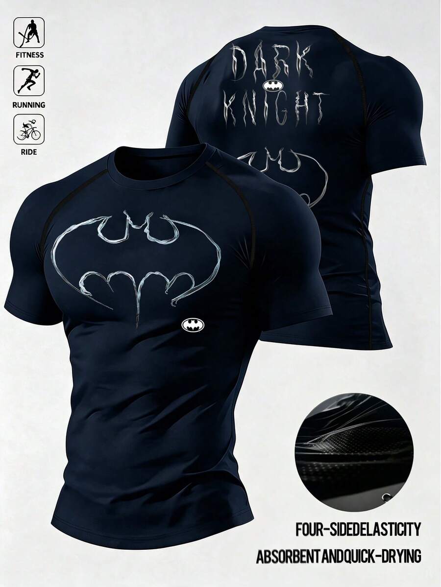 BATMAN X SHEIN 男士蝙蝠印花插肩袖短袖休閒健身運動T恤 - 藏蓝色 - 查看 1