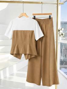 GlowEve CURVE Plus Size Women 2pcs Set Solid Color Contrast Tie-Up Knit 2 In 1 Short Sleeve T-Shirt Top And Long Loose Straight Leg Pants, Suitable For Daily Casual Commute Wear - Khaki - View 2
