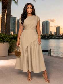 Poshavie Poshavie Elegant And Comfortable Plus-Size Women's Dress-A Stylish, Stretchy-Waist, One-Shoulder Design. - Apricot - View 2