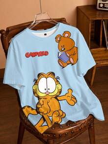 GARFIELD | SHEIN Kaos Kasual Lengan Pendek Leher Bulat dengan Cetakan Huruf untuk Wanita Ukuran Besar - Putih - View 1