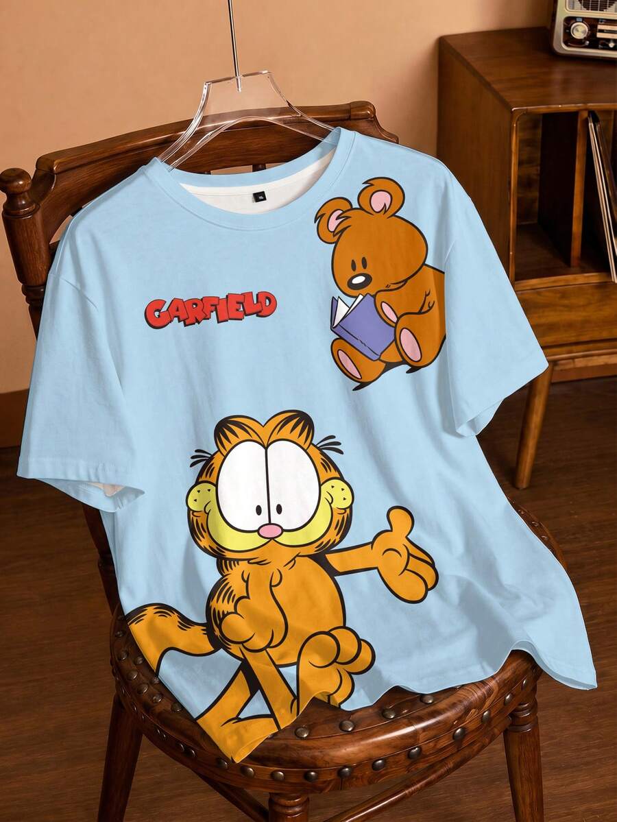 GARFIELD | SHEIN Kaos Kasual Lengan Pendek Leher Bulat dengan Cetakan Huruf untuk Wanita Ukuran Besar - Putih - View 1