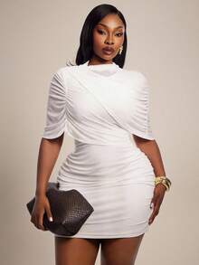 Radiana Curve Plus Size Women's Mesh Asymmetrical Draped Sleeve Mock Neck Bodycon Mini Dress - White - View 7
