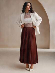 Anewsta Women's Solid Color Elegant Pleated Skirt Maxi Women Outfit - Rust Brown - View 1