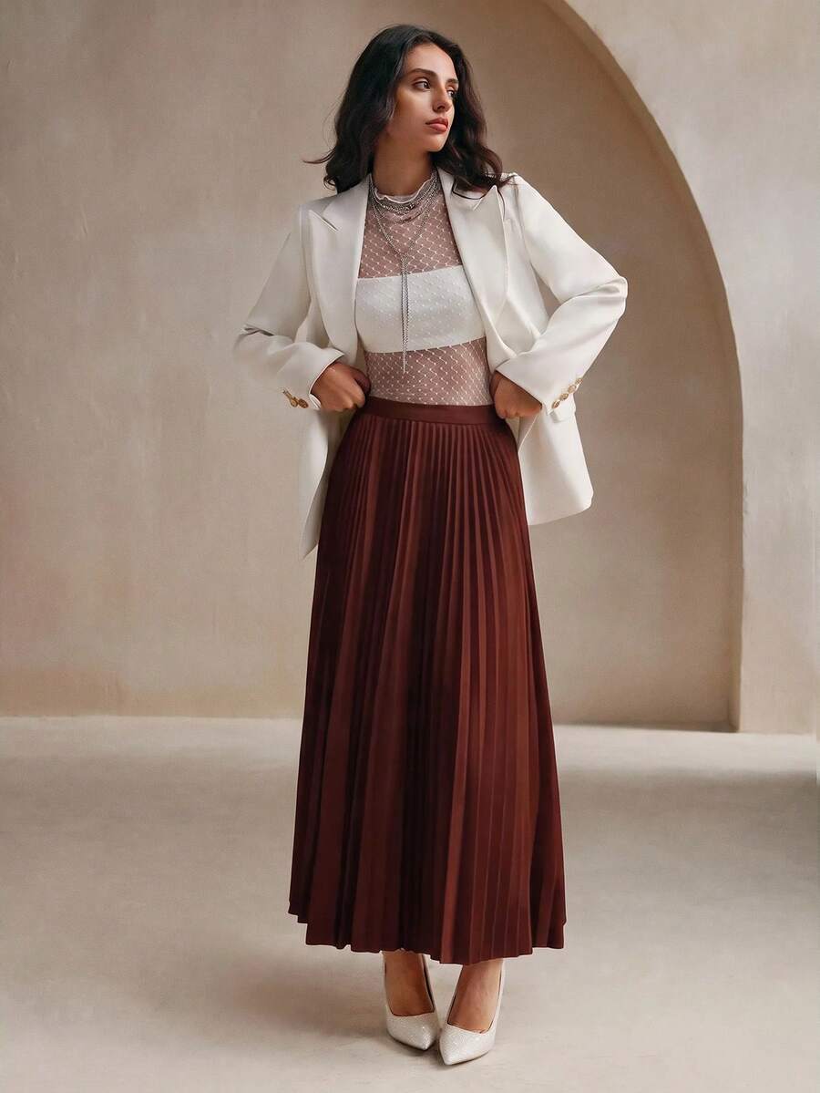 Anewsta Women's Solid Color Elegant Pleated Skirt Maxi Women Outfit - Rust Brown - View 1
