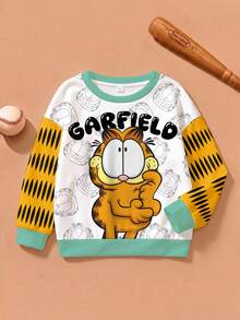GARFIELD | SHEIN بلوزة رياضية كاجوال للأولاد الصغار بطبعة كرتونية للحروف، ياقة دائرية وأكمام طويلة - أبيض - مشاهدة 1