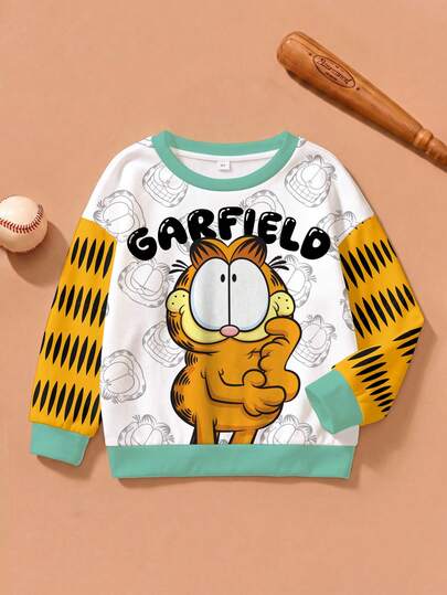 GARFIELD | SHEIN Young Boy Letter Cartoon Print Crew Neck Long Sleeve Casual Sweatshirt