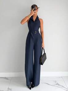 Siren Gaze Commuter Halter Jumpsuit For Women, Navy Blue Romper Elegant Chic Summer - Navy Blue - View 5
