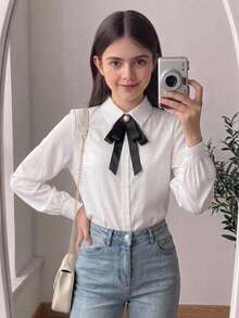 SHEIN 少女白色百搭休閒極簡宮廷風編織學院風長袖襯衫 秋冬款 - 白色 - 查看 3