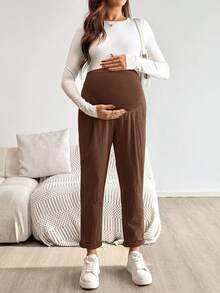 SHEIN 孕婦純色可調腰圍休閒長褲附口袋 - 棕色 - 查看 5