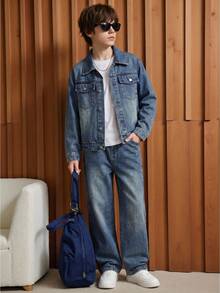 Tween Boy Denim Outfit, Casual Vintage Distressed, Loose Jacket + Wide Leg Jeans 2 Pieces Set, Matching T-Shirt, School, Holiday, Fall, Light Blue - Medium Wash - View 8