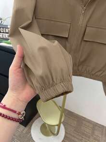 SHEIN 青少年女孩編織純色貼口袋短版寬鬆休閒連帽外套，秋冬款 - 卡其色 - 查看 5