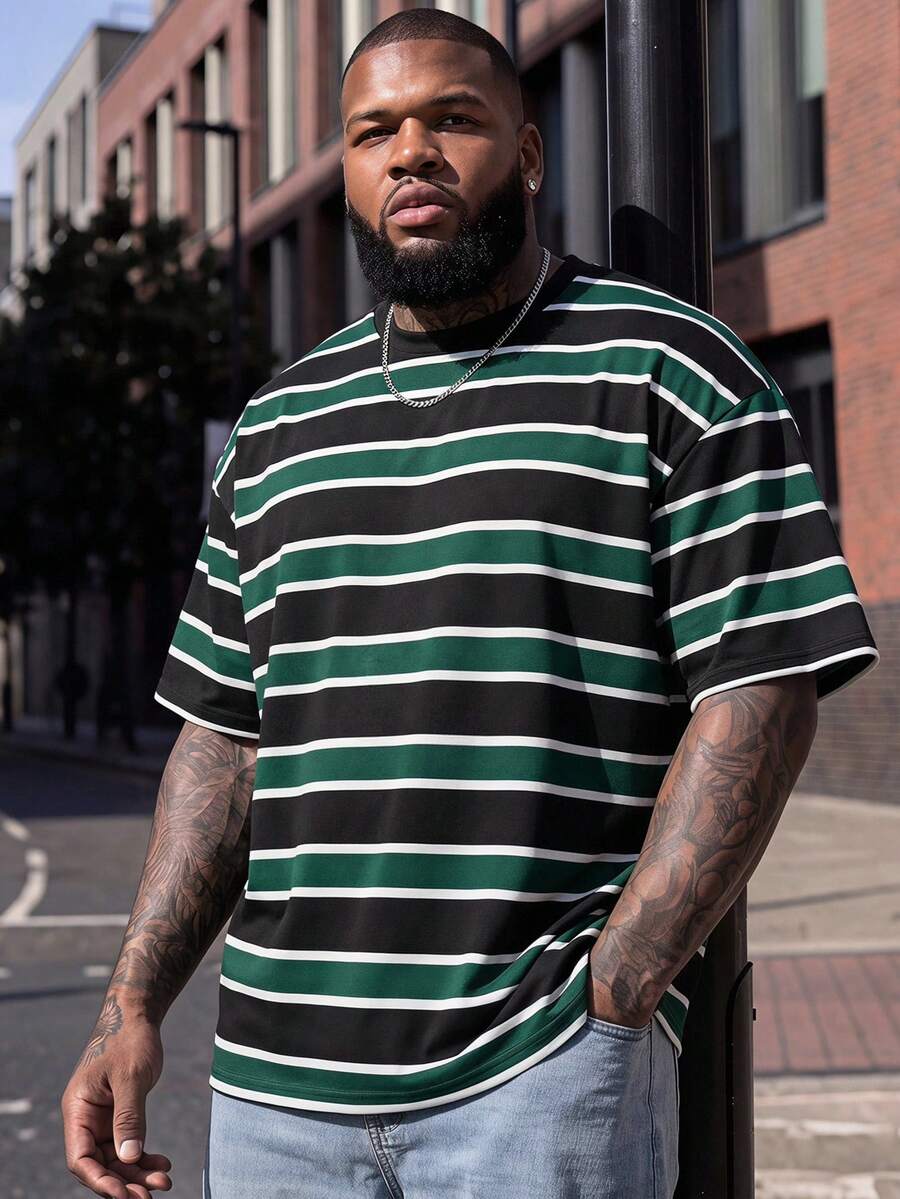 EASEVO Men Plus Size Casual Striped Contrast Color Round Neck Short Sleeve T-Shirt, Summer Daily Wear, Vacation, Father's Day Gifts, Football - Multicolor - View 1