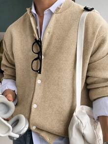 Manfinity CasualKnits Men's Solid Color Long Sleeve Single-Breasted Casual Knit Cardigan - Apricot - View 4