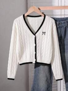 SHEIN Vintaside Kids 1件女童開襟毛衣，簡約百搭V領，麻花編織黑白對比色，蝴蝶結刺繡圖案，學院風，適中厚度，整齊下擺，緊口袖口，耐穿耐磨，適合日常穿著、上學、外出、居家，秋冬款 - 白色 - 查看 10