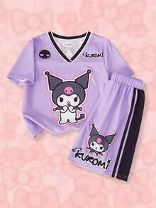 HELLO KITTY AND FRIENDS | SHEIN 青少年女孩卡通印花短袖T恤與短褲休閒套裝 - 紫色 - 查看 1