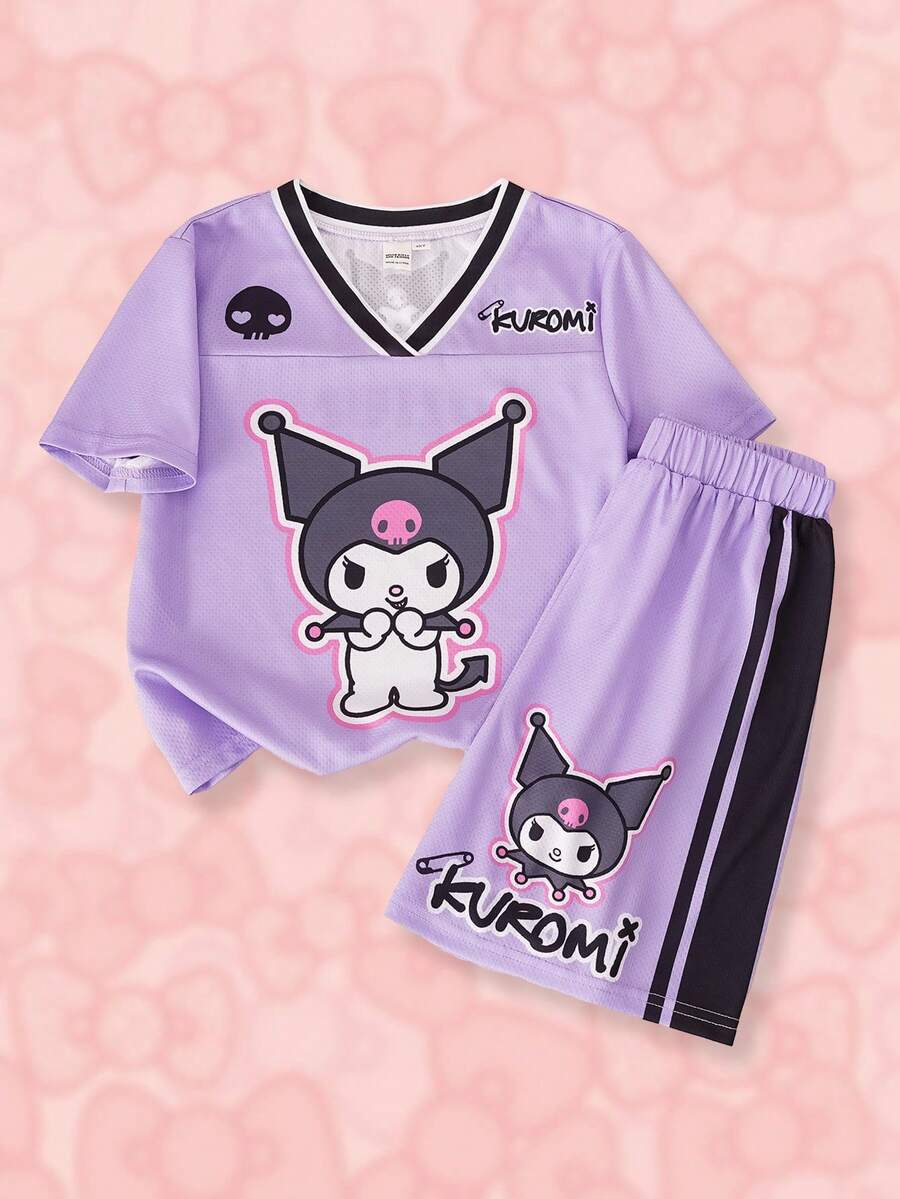HELLO KITTY AND FRIENDS | SHEIN 青少年女孩卡通印花短袖T恤與短褲休閒套裝 - 紫色 - 查看 1