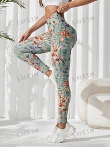 SHEIN Sports Women's Floral Print High Waist Daily Fitness Sports Leggings - Mist Green - View 2
