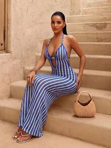 SHEIN Swim Swim Chiccia 女款藍白條紋夏季新款海灘度假鏤空長款露背深V領無袖鉤編掛脖繫帶泳衣 - 彩色 - 查看 7