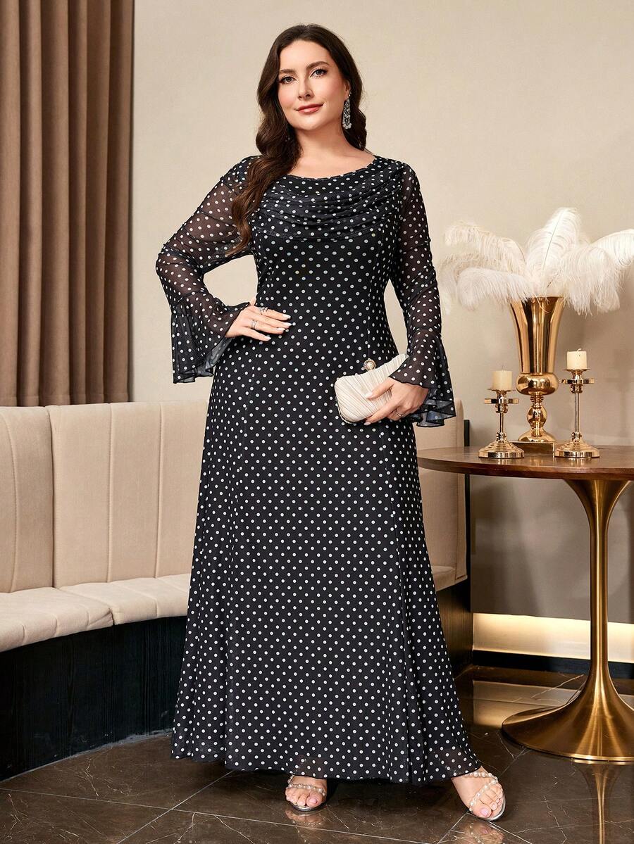 Reflora Plus Size French Vacation Polka Dot Print Flare Sleeve Dress