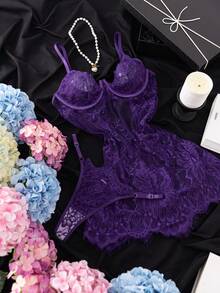 SHEIN 2件組蕾絲鋼圈透視性感睡裙 - 紫色 - 查看 1