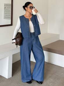 Dazy Plus Plus Size Women's Single-Breasted Denim Vest And Straight Leg Pants Casual Loose Fit 2 Pieces Set Spring Summer Autumn Vacation Rave Blue - Medium Wash - View 10