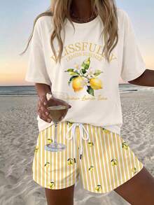 EMERY ROSE Women's Round Neck Drop Shoulder Top And Drawstring Shorts Casual 2-Piece Set, - Multicolor - View 3
