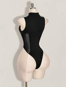 SHEIN ICON Y2k Women's Halloween Black Sexy Fashion Zipper Mesh Patchwork Bodysuit - Black - View 16