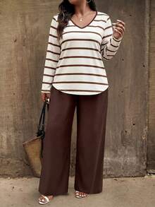 EMERY ROSE Women's Autumn/Winter Striped Print Pattern Casual Traditional Plus Size 2 Pieces Set Fall Brunch Formal Cream Chocolate Brown - Multicolor - View 1