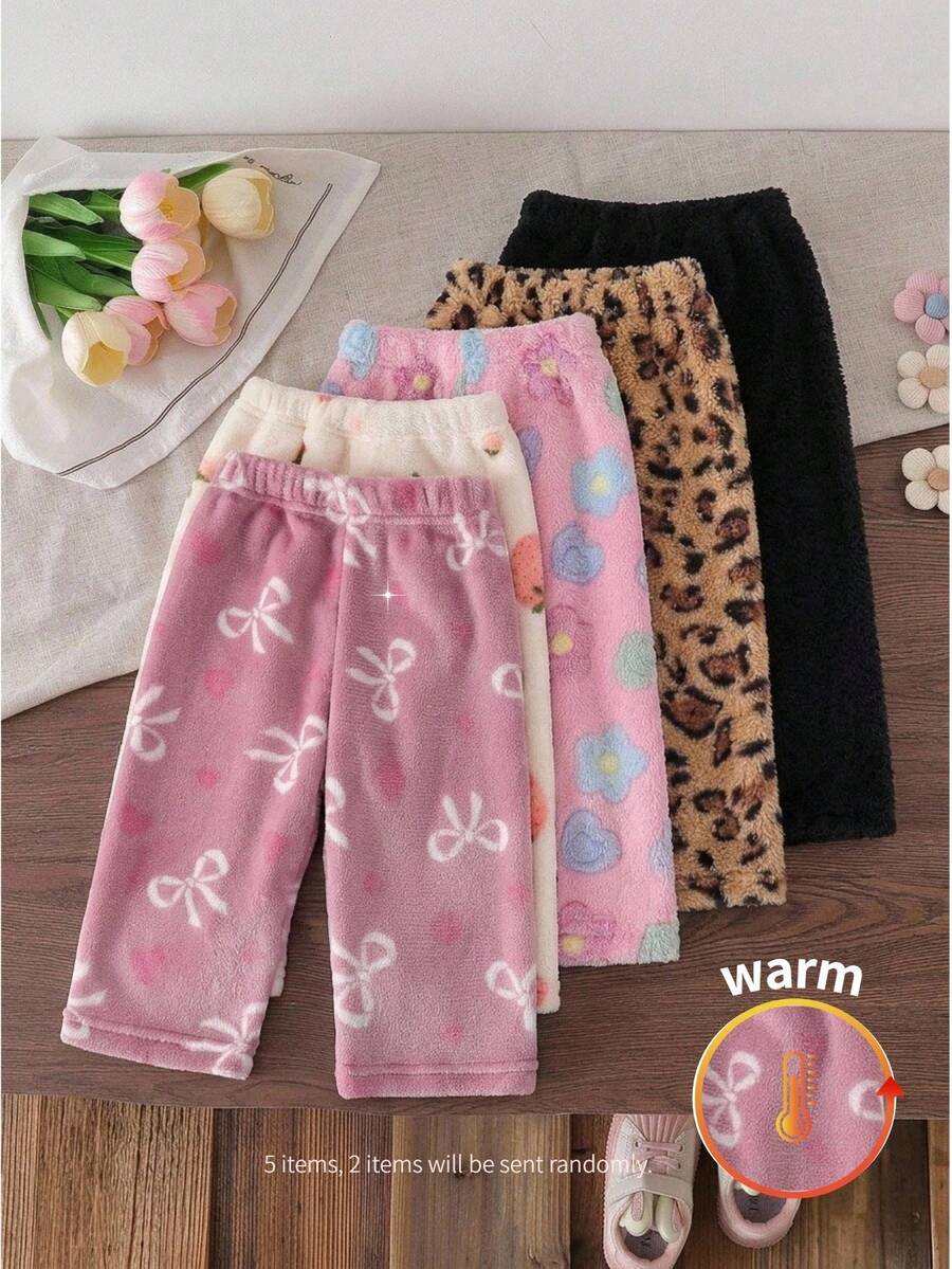 SHEIN 2件裝女嬰秋冬可愛豹紋毛絨彈性腰長褲 - 彩色 - 查看 1