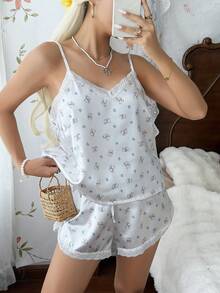 CottageSlumber Cute Rabbit Print Lace Trim Camisole Women's Pajama Set - White - View 4
